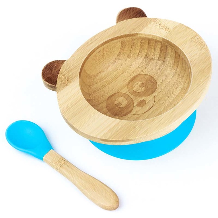 Set de repas bébé en bambou et silicone bleu