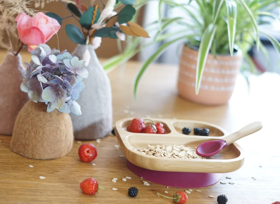 Set assiette et cuillère pour enfants en bambou et silicone bordeaux