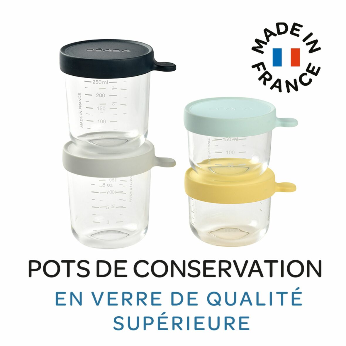 Coffret 4 portions verre (150ml jaune, 150 ml bleu, 250ml bleu foncé, 250ml beige)