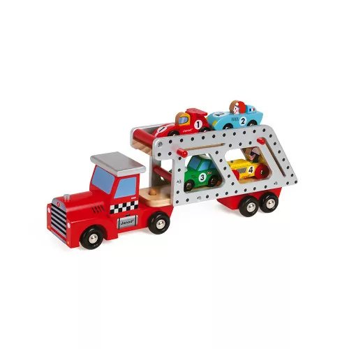 Camion transporteur + 4 véhicules en bois